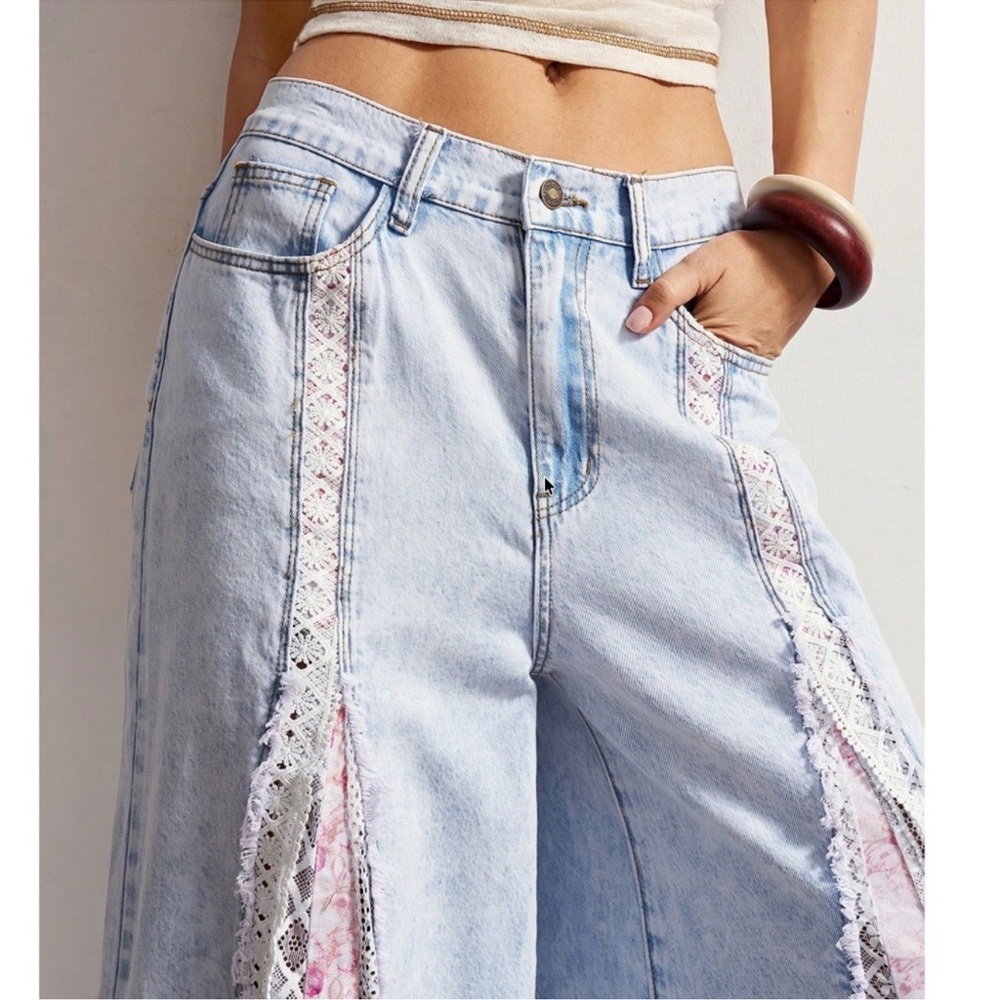 Bohemian Light Wash Floral Print Lace Panel Wide Leg Denim Jeans S M L - Picture 2 of 5